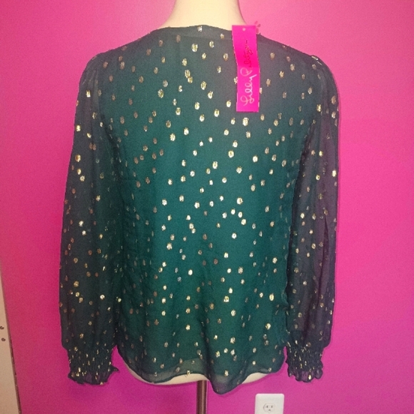 Lilly Pulitzer Green & Metallic Gold "Idina" Silk Blouse (NWT!) - Picture 7 of 10